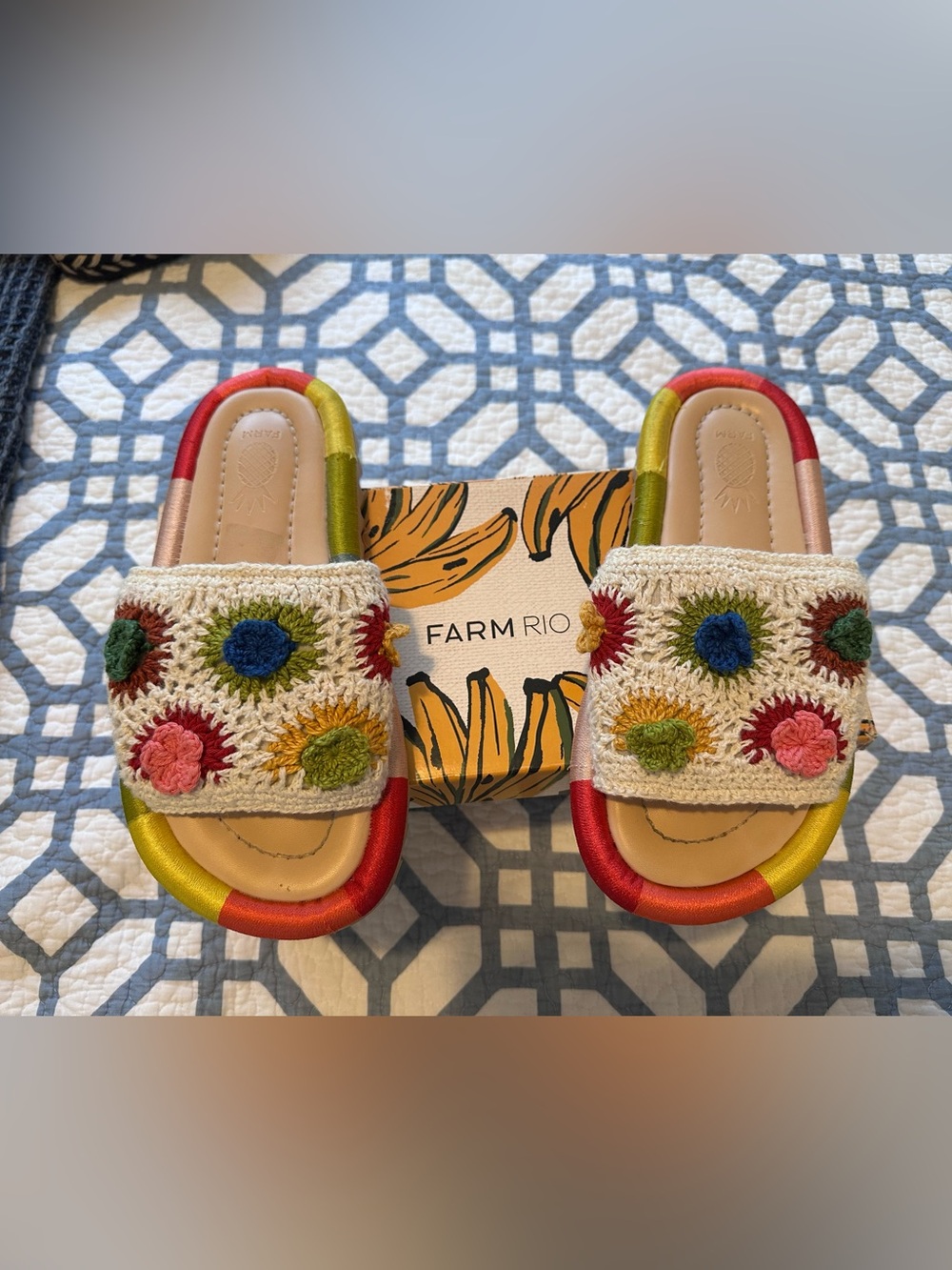 FARM RIO Multicolor Crochet Floral Slide Sandals